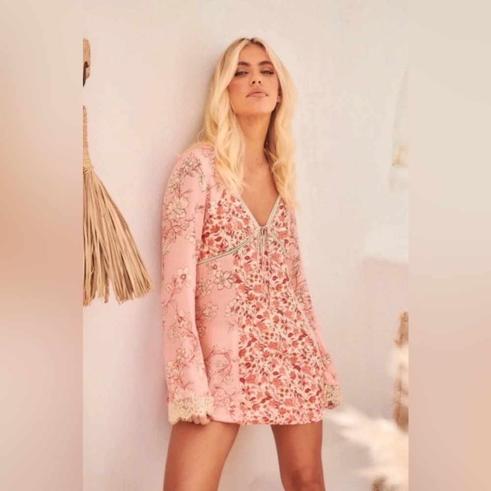 Free People Odette Printed Tunic Top Pink Pedal Combo size medium